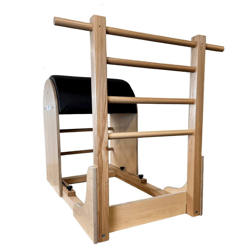 Atro Pilates Ladder Barrel made of heat-treated wood with adjustable black upholstered barrel for core training