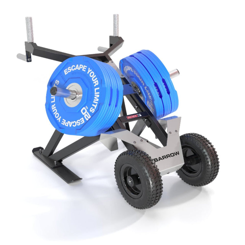 Escape Fitness Barrow Sled with blue weight plates, black carbon steel frame, and large rubber tires for loaded carry and sled push training.