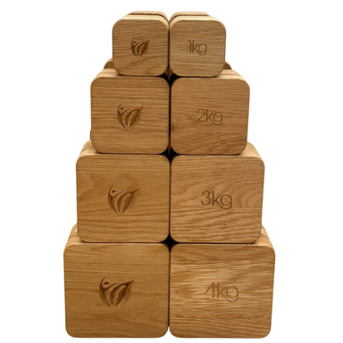 HomeHealth Eco Solid Oak eco-friendly Dumbbell set in 1kg to 4kg weights with natural wood finish and ergonomic design