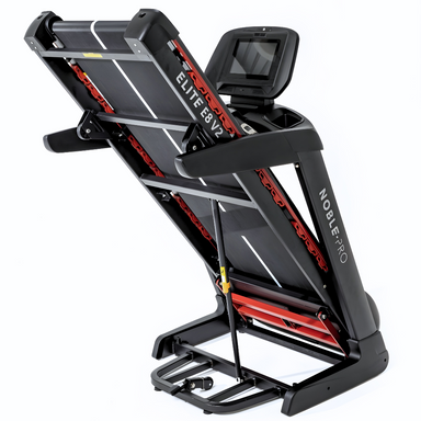 NoblePro Elite E8ix foldable treadmill in black with HD touchscreen and app integration for indoor running