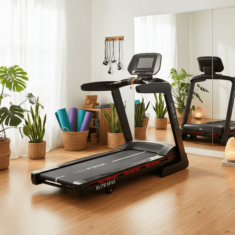NoblePro Elite E8ix foldable treadmill with HD touchscreen and app connectivity for advanced indoor running training