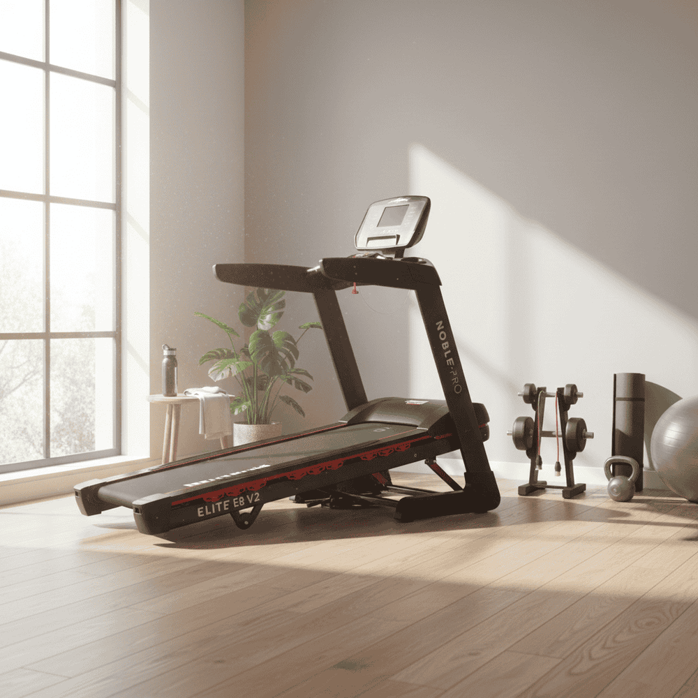 NoblePro Elite E8s foldable treadmill with 8-inch LCD, Bluetooth, 3 CHP motor, 20 km/h speed, and 16% incline in black.