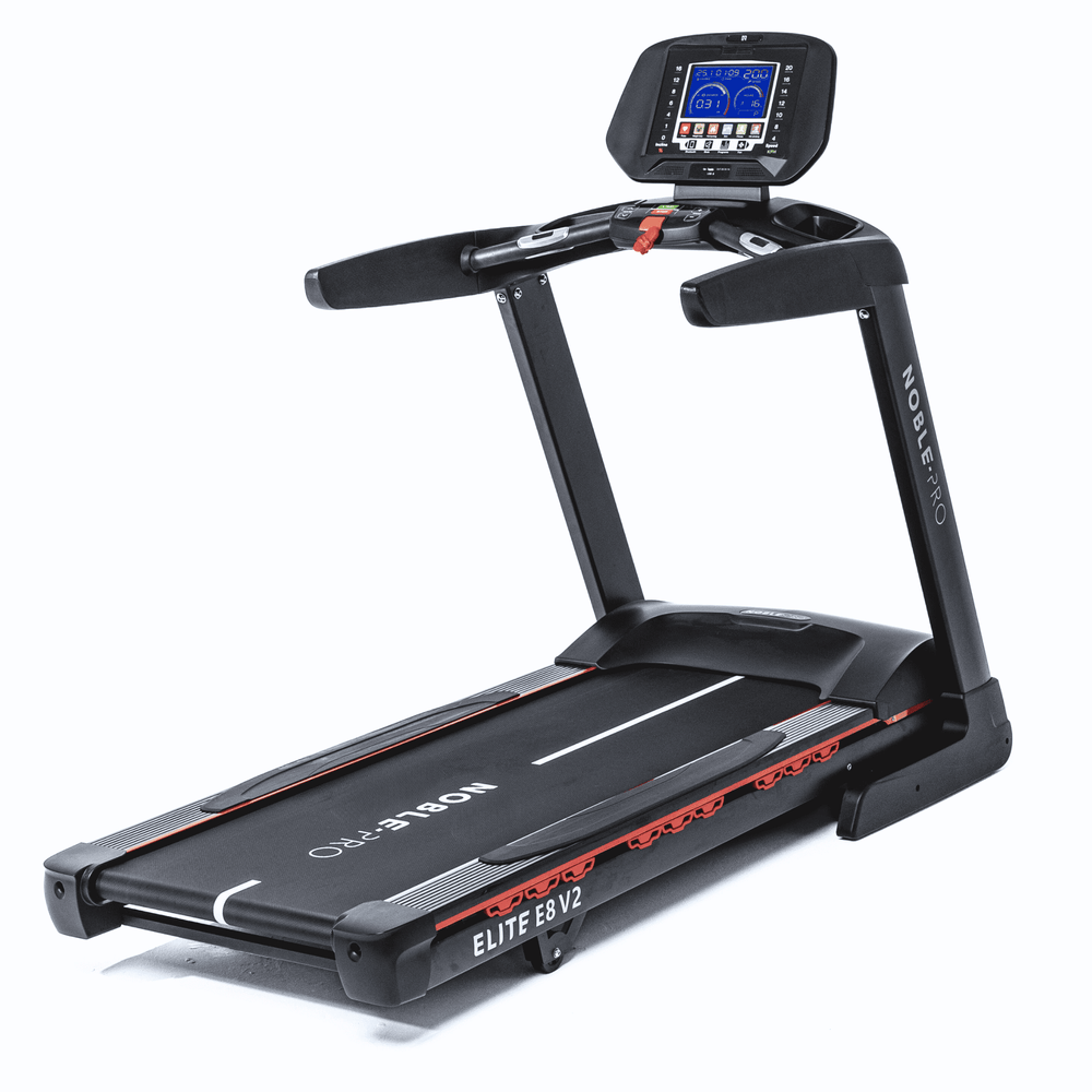 NoblePro Elite E8s foldable treadmill with 8-inch LCD, Bluetooth, 3 CHP motor, 20 km/h speed, and 16% incline in black.