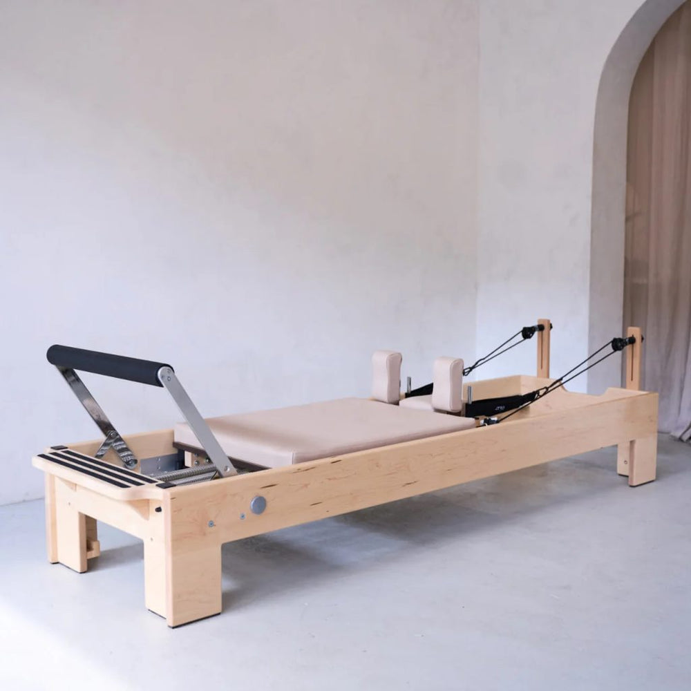 eco-friendly wooden pilates reformer, sustainable workout equipment for home and studio