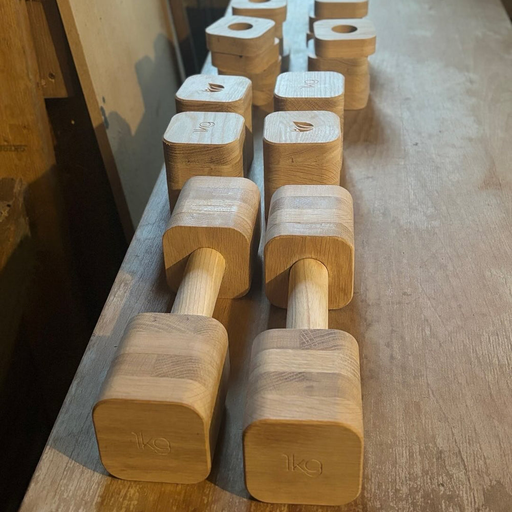 HomeHealth Eco Solid Oak Dumbbells wooden workout set with ash handles in various weights